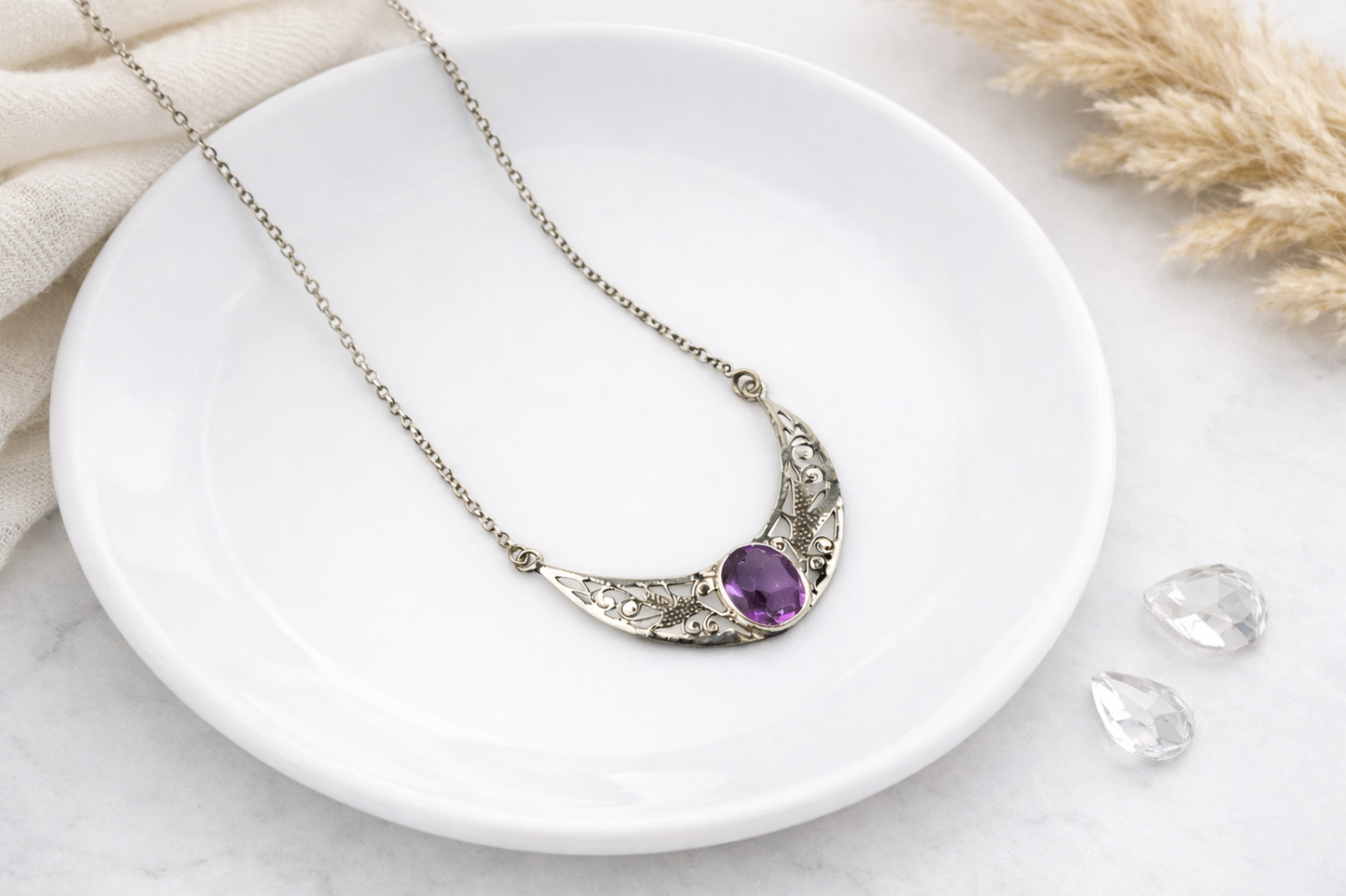 Amethyst Sterling Silver Crescent Necklace | Calm & Protection Jewelry