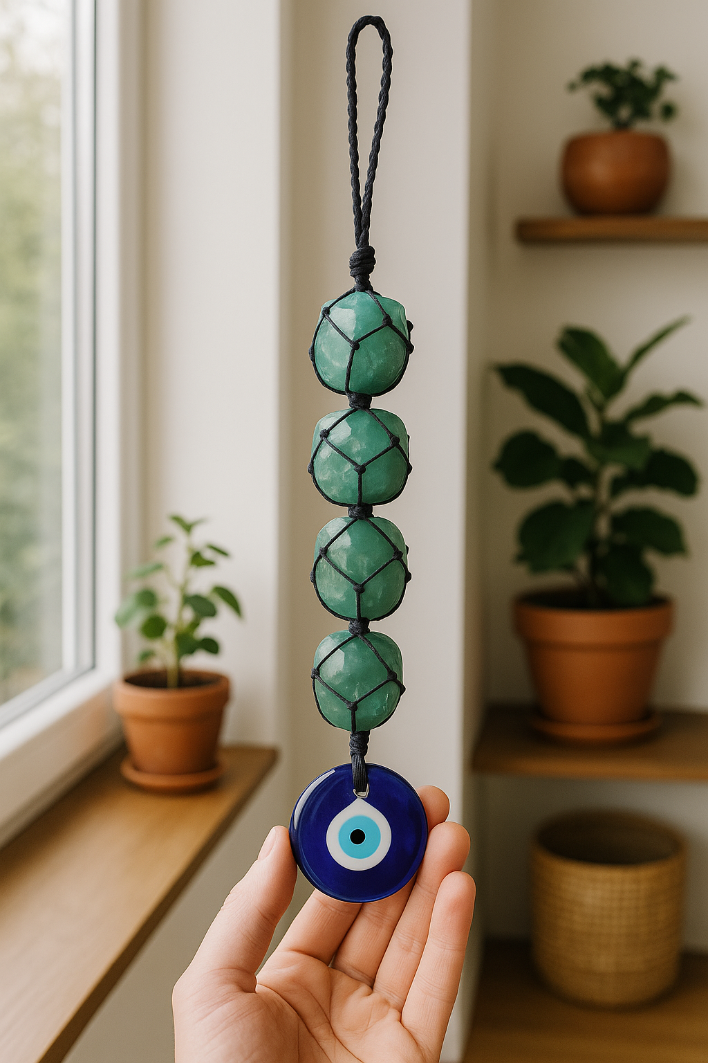 GREEN AVENTURINE WITH EVIL EYE HANGING