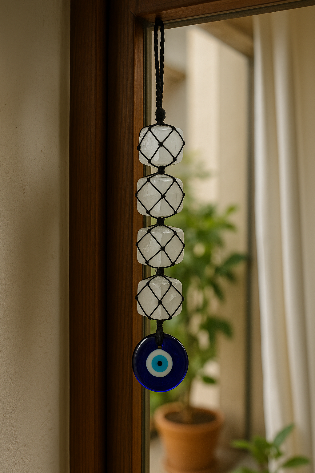 SELENITE WITH EVIL EYE HANGING