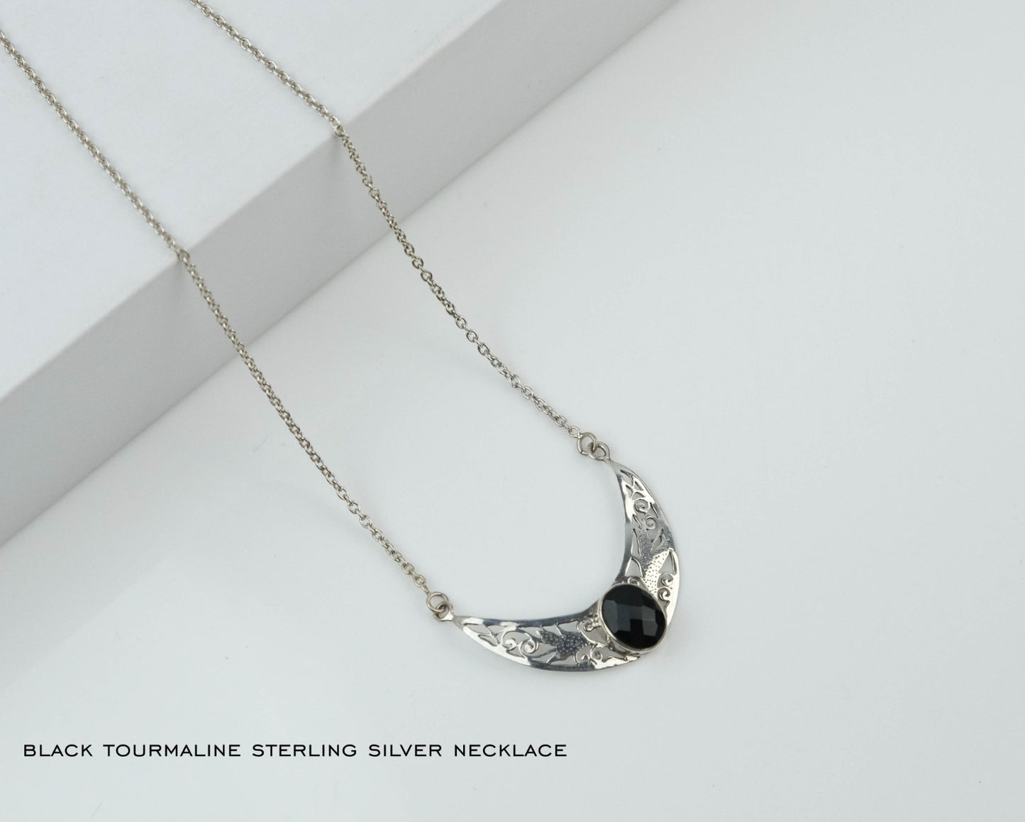 Sterling Silver Black Tourmaline Necklace – Protective Crystal Pendant for Energy Shielding & Grounding